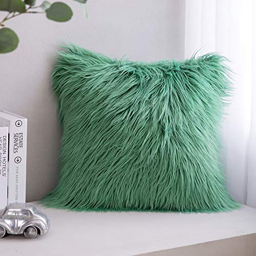Phantoscope Faux Fur Solid Decorative Pillow Cover Fluffy Throw Pillow Mongolian Luxury Fuzzy Pillow Case Cushion Cover for Bedroom and CouchGreen 18 x 18 Inches - Image 1