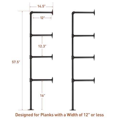 HITOMEN Industrial Iron Pipe Shelves, 2 Set 4-Tier 57.5" Tall 12" Depth, DIY Open Bookshelf Bookcase, Wall Mounted Vintage Retro Shelving, Rustic Farmhouse Pantry Kitchen Storage, Black Shelf Brackets - Image 2