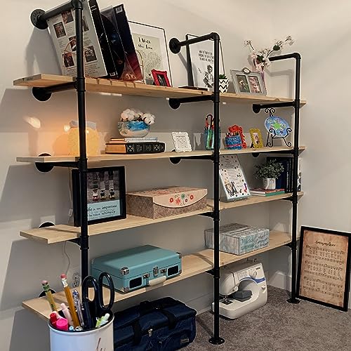 HITOMEN Industrial Iron Pipe Shelves, 2 Set 4-Tier 57.5" Tall 12" Depth, DIY Open Bookshelf Bookcase, Wall Mounted Vintage Retro Shelving, Rustic Farmhouse Pantry Kitchen Storage, Black Shelf Brackets - Image 5