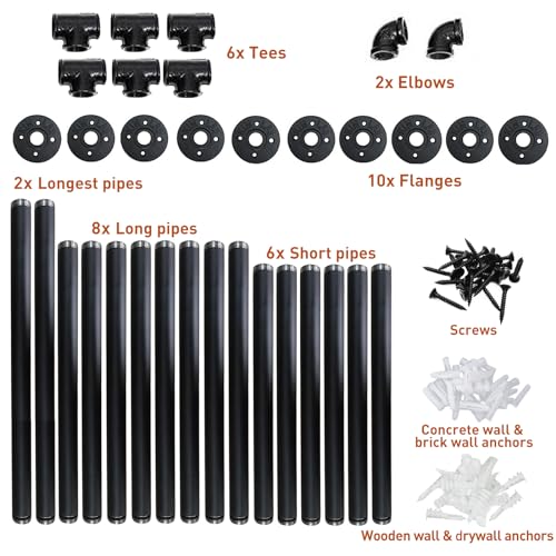 HITOMEN Industrial Iron Pipe Shelves, 2 Set 4-Tier 57.5" Tall 12" Depth, DIY Open Bookshelf Bookcase, Wall Mounted Vintage Retro Shelving, Rustic Farmhouse Pantry Kitchen Storage, Black Shelf Brackets - Image 3