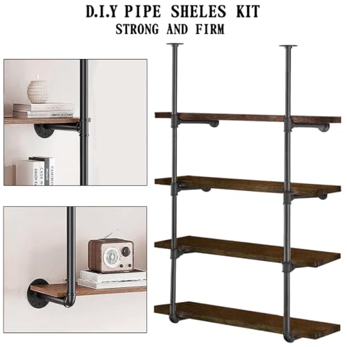 HITOMEN Industrial Iron Pipe Shelves, 2 Set 4-Tier 57.5" Tall 12" Depth, DIY Open Bookshelf Bookcase, Wall Mounted Vintage Retro Shelving, Rustic Farmhouse Pantry Kitchen Storage, Black Shelf Brackets - Image 4