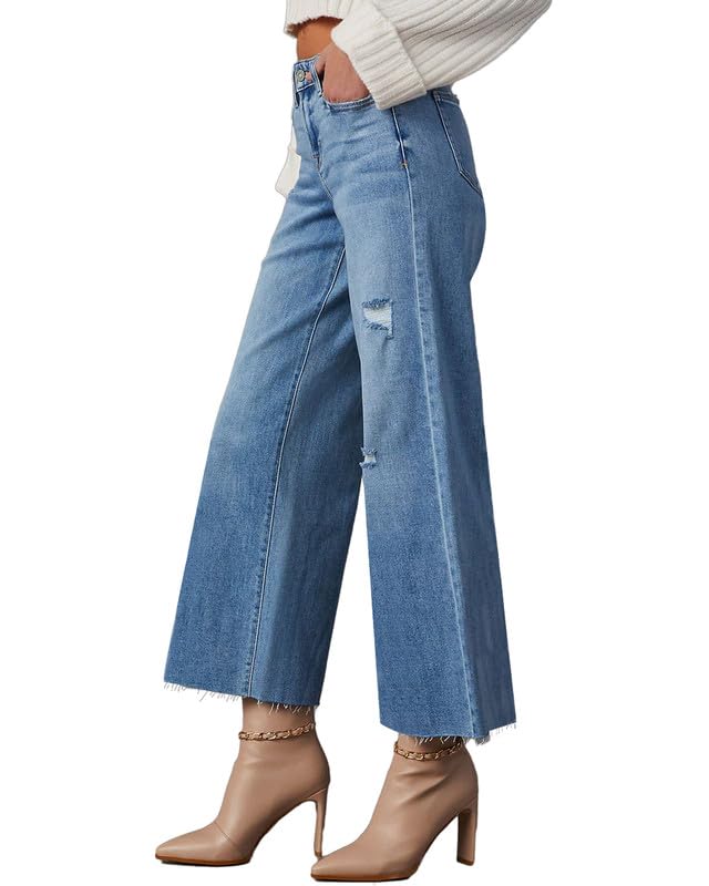 Allimy Women's High Waisted Straight Ankle Wide Leg Ripped Jeans Frayed Hem Stretchy Capri Denim Pants Blue Size 8 - Image 3