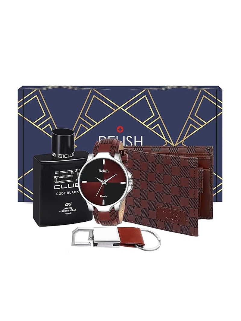 Relish Rubber Brown Dial Analog Watch, Pu Wallet With Cfs 21Club Perfume And Keychain For Men Combo Pack Gift For Mens, Boys - Image 1