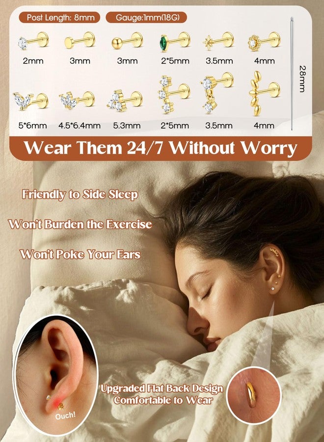 ORAZIO 18G Hypoallergenic Flat Back Earrings Stud Earrings - 316L Surgical Steel Internal Thread Stud Piercing Jewelry for Tragus/Helix/Conch/Medusa/Lip/Labret - Helix Tragus Cartilage Earrings for Women C - Image 2