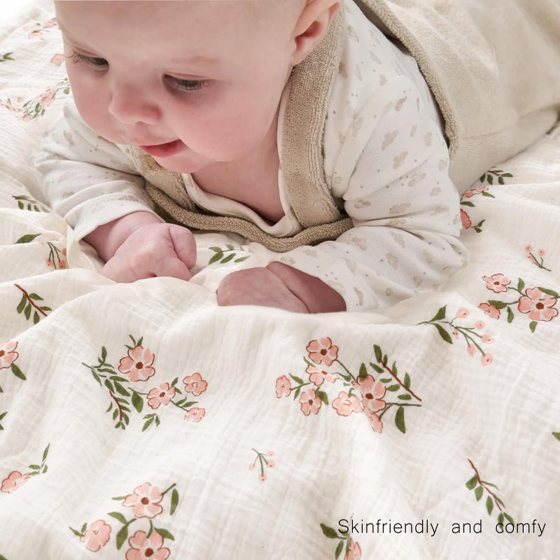 BOPRIO Muslin Baby Blankets for Girls Super Soft Nursery Minky Blankets with Breathable Muslin Cotton Front and 3D Touch Dotted Fleece Backing, Pink Floral Printed Bed Throws Newborn 30 x 40 Inch - Image 2