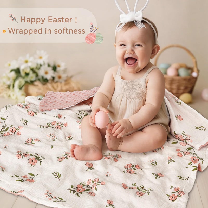 BOPRIO Muslin Baby Blankets for Girls Super Soft Nursery Minky Blankets with Breathable Muslin Cotton Front and 3D Touch Dotted Fleece Backing, Pink Floral Printed Bed Throws Newborn 30 x 40 Inch - Image 3