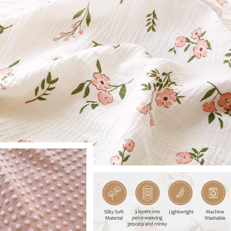 BOPRIO Muslin Baby Blankets for Girls Super Soft Nursery Minky Blankets with Breathable Muslin Cotton Front and 3D Touch Dotted Fleece Backing, Pink Floral Printed Bed Throws Newborn 30 x 40 Inch - Image 5