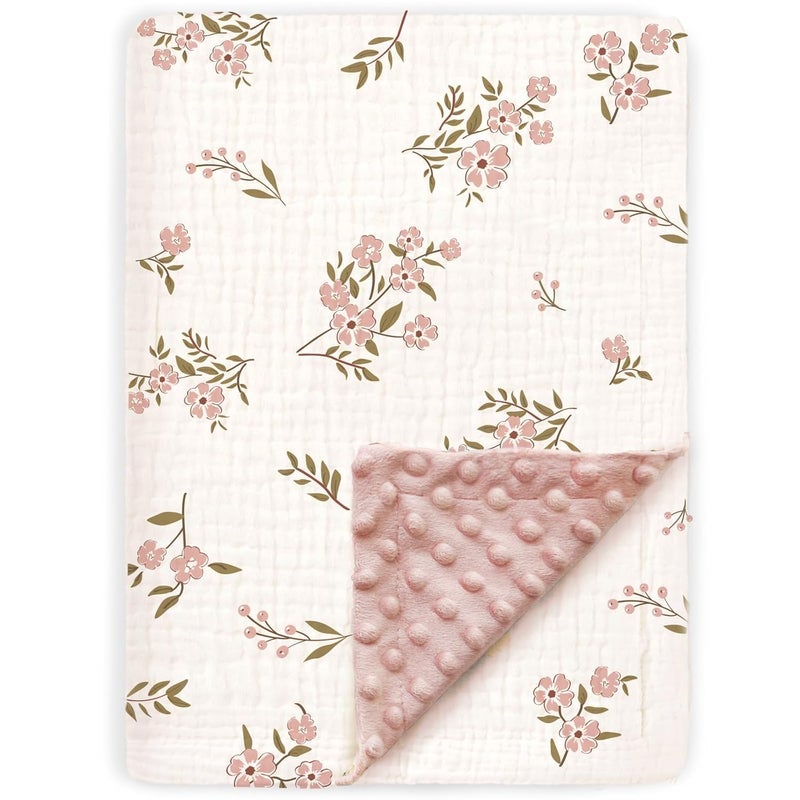 BOPRIO Muslin Baby Blankets for Girls Super Soft Nursery Minky Blankets with Breathable Muslin Cotton Front and 3D Touch Dotted Fleece Backing, Pink Floral Printed Bed Throws Newborn 30 x 40 Inch - Image 1