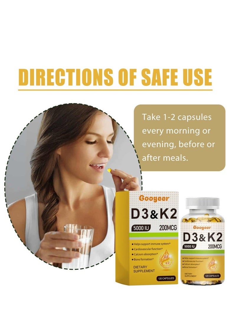 Googeer 120-Capsules Vitamin D3 5,000 IU + K2 200 MCG Veg Capsules, Helps Support Immune System, Cardiovascular Function, Calcium Absorption, Bone Formation, Vegan, Non-GMO Formula - Image 3