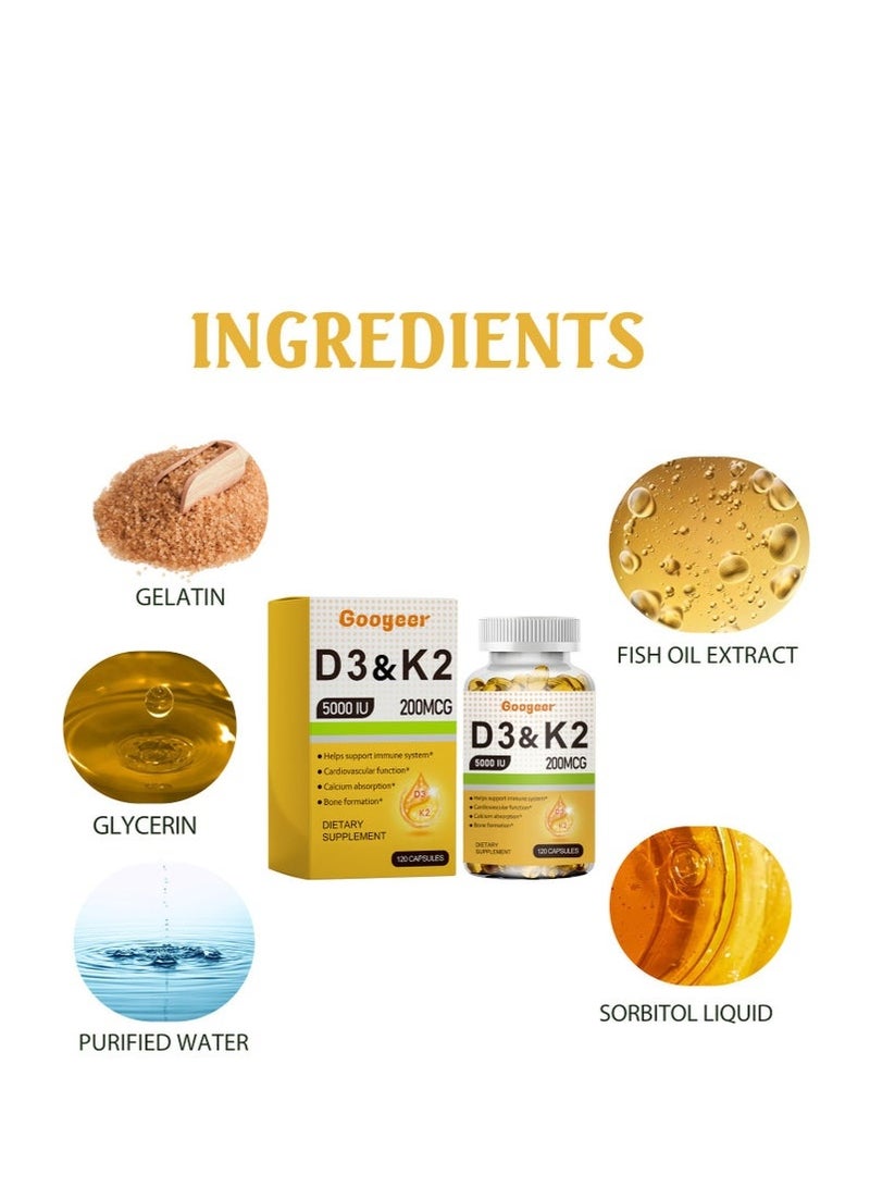 Googeer 120-Capsules Vitamin D3 5,000 IU + K2 200 MCG Veg Capsules, Helps Support Immune System, Cardiovascular Function, Calcium Absorption, Bone Formation, Vegan, Non-GMO Formula - Image 5