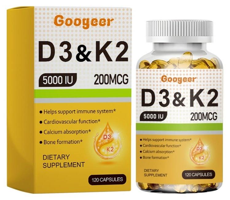 Googeer 120-Capsules Vitamin D3 5,000 IU + K2 200 MCG Veg Capsules, Helps Support Immune System, Cardiovascular Function, Calcium Absorption, Bone Formation, Vegan, Non-GMO Formula - Image 1