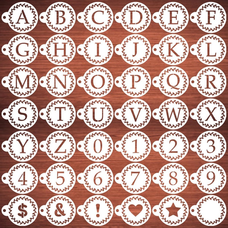 REOLAN Letter Stencils for Coffee Cookie Decorating - 42 Pack Alphabet Letter and Number Stencil Templates for Cakes Cookies Airbrush, Reusable Stencils for Wood Crafts Painting & Coffee Cookie Baking - Image 1