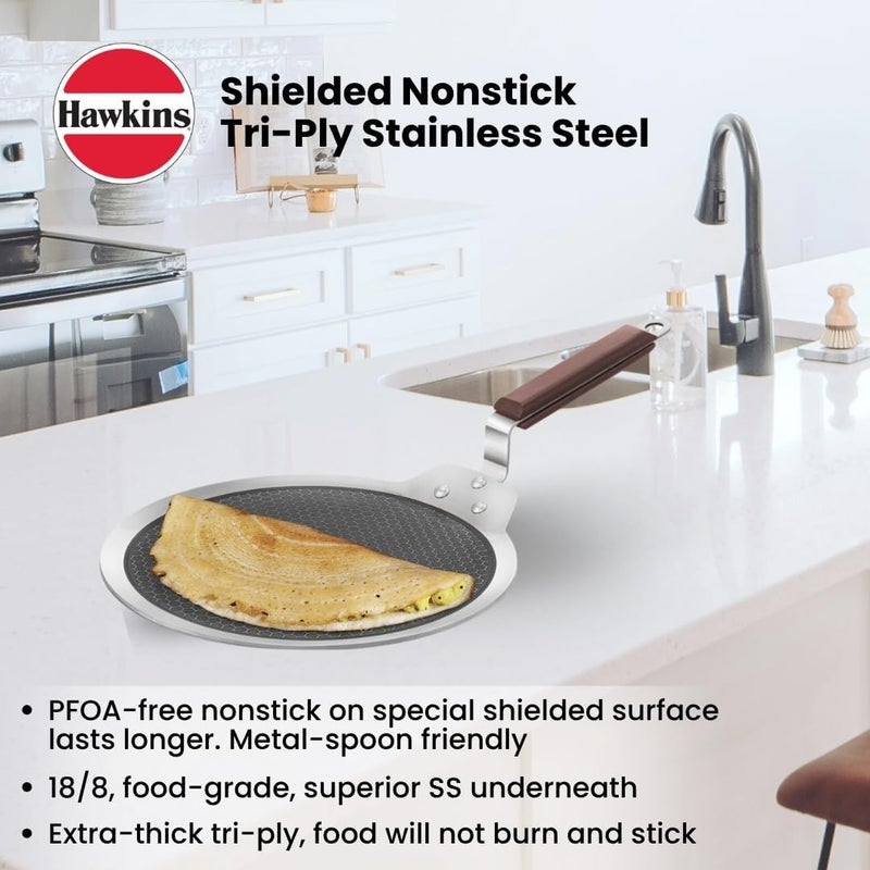 Hawkins 28 cm Dosa Tava - Triply Stainless Steel Nonstick Tawa with Rosewood Handle - Image 2