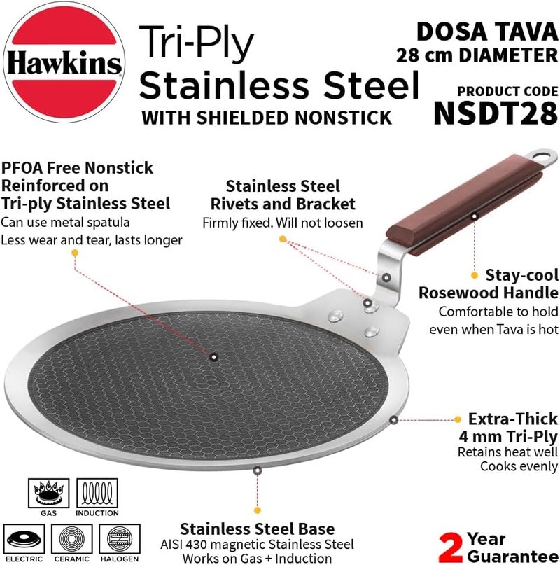 Hawkins 28 cm Dosa Tava - Triply Stainless Steel Nonstick Tawa with Rosewood Handle - Image 3