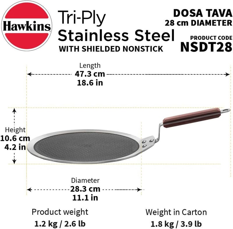 Hawkins 28 cm Dosa Tava - Triply Stainless Steel Nonstick Tawa with Rosewood Handle - Image 4