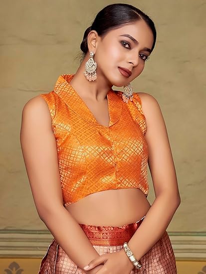 Vardha Women's Brocade Sleeveless Padded Saree Blouse for Women with Collar Neck (Orange) - Image 4