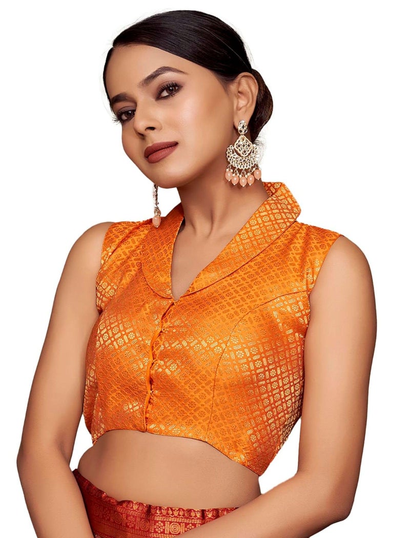 Vardha Women's Brocade Sleeveless Padded Saree Blouse for Women with Collar Neck (Orange) - Image 5