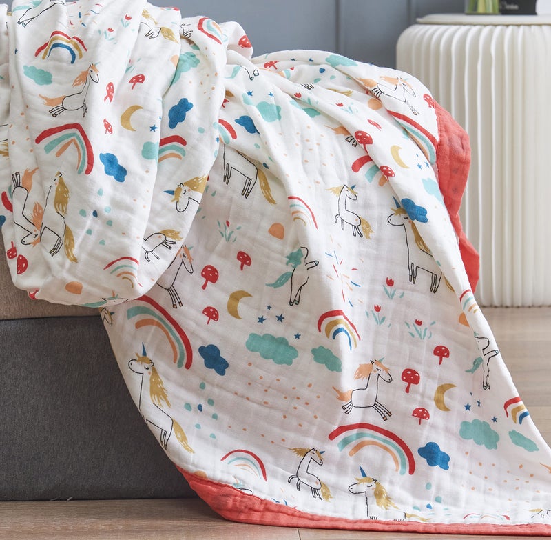 Jpinno Rainbow Unicorn Playing Happy Muslin Blanket Reversible 100 Cotton 6 Layer Quilt Bed Blanket Soft Warm Throw Sofa Couch Toddler Kids Cartoon Travel Coverlet Sheet Rainbow Twin 56 X 76