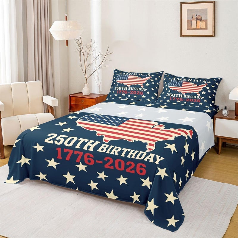 Feelyou Patriotic 250th Anniversary Bed Sheets Set Queen Size 4th of July Bed Set for Kids Boys Girls America Star Print Sheet Set America Map,1 Fitted Sheet+2 Pillow Sham+1 Flat Sheet - Image 1