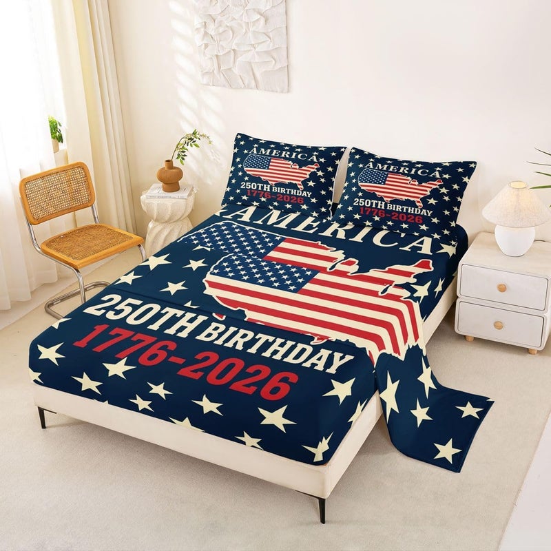 Feelyou Patriotic 250th Anniversary Bed Sheets Set Queen Size 4th of July Bed Set for Kids Boys Girls America Star Print Sheet Set America Map,1 Fitted Sheet+2 Pillow Sham+1 Flat Sheet - Image 3