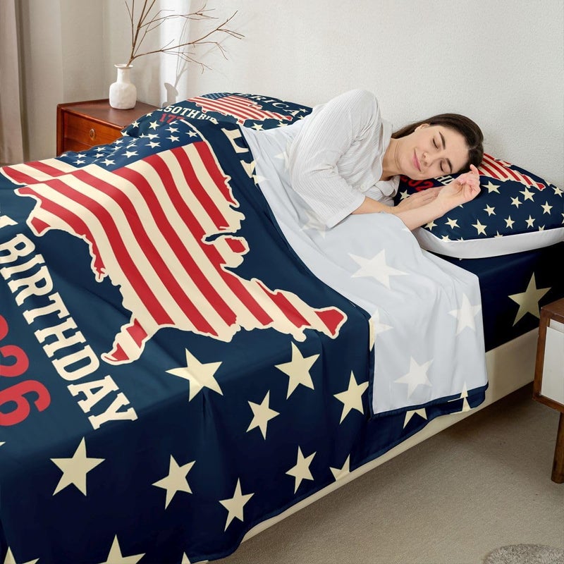 Feelyou Patriotic 250th Anniversary Bed Sheets Set Queen Size 4th of July Bed Set for Kids Boys Girls America Star Print Sheet Set America Map,1 Fitted Sheet+2 Pillow Sham+1 Flat Sheet - Image 2