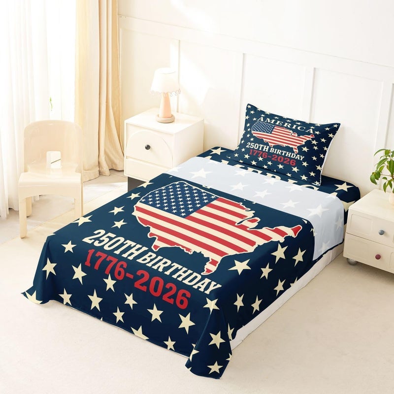 Feelyou Patriotic 250th Anniversary Bed Sheets Set Queen Size 4th of July Bed Set for Kids Boys Girls America Star Print Sheet Set America Map,1 Fitted Sheet+2 Pillow Sham+1 Flat Sheet - Image 5