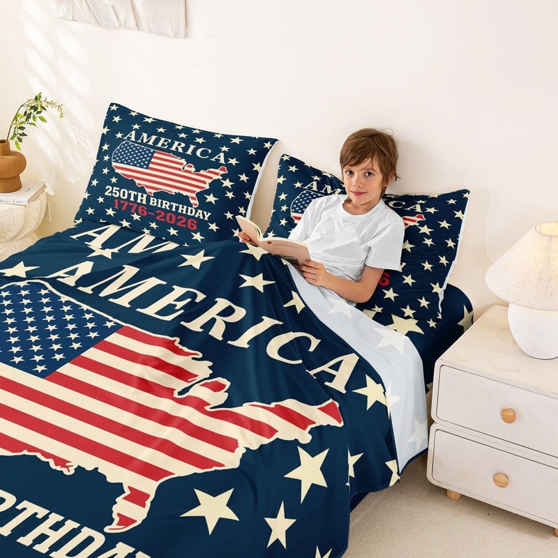 Feelyou Patriotic 250th Anniversary Bed Sheets Set Queen Size 4th of July Bed Set for Kids Boys Girls America Star Print Sheet Set America Map,1 Fitted Sheet+2 Pillow Sham+1 Flat Sheet - Image 4