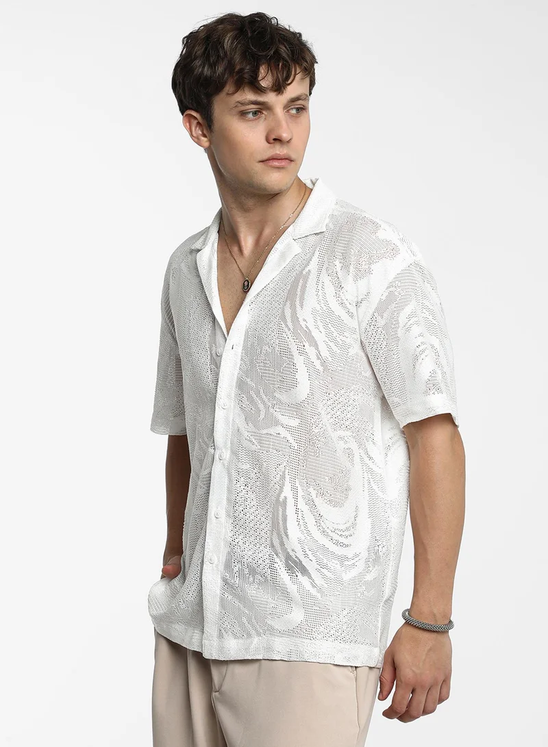 Campus Sutra Men's Chalk White Patterned Oversized Shirt