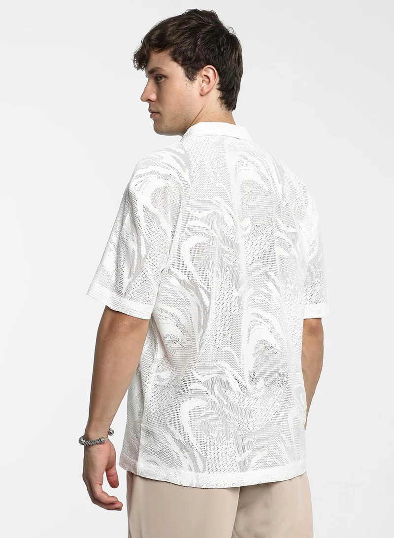 Campus Sutra Men's Chalk White Patterned Oversized Shirt