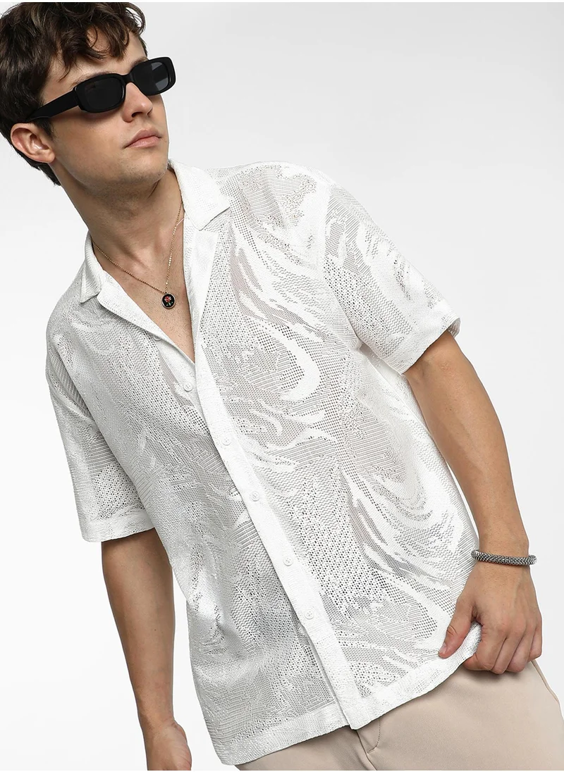 كامبوس سوترا Men's Chalk White Patterned Oversized Shirt