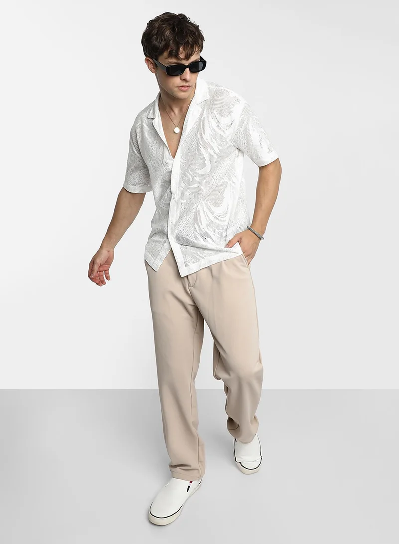 Campus Sutra Men's Chalk White Patterned Oversized Shirt
