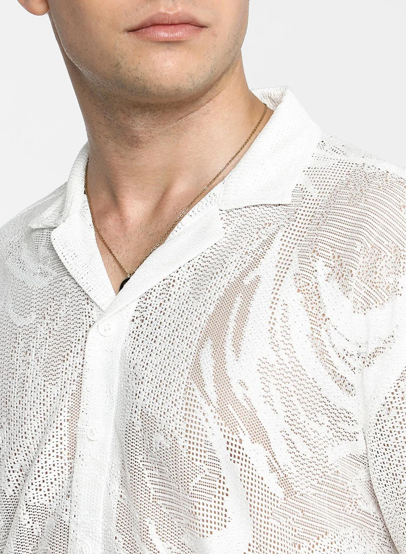 Campus Sutra Men's Chalk White Patterned Oversized Shirt