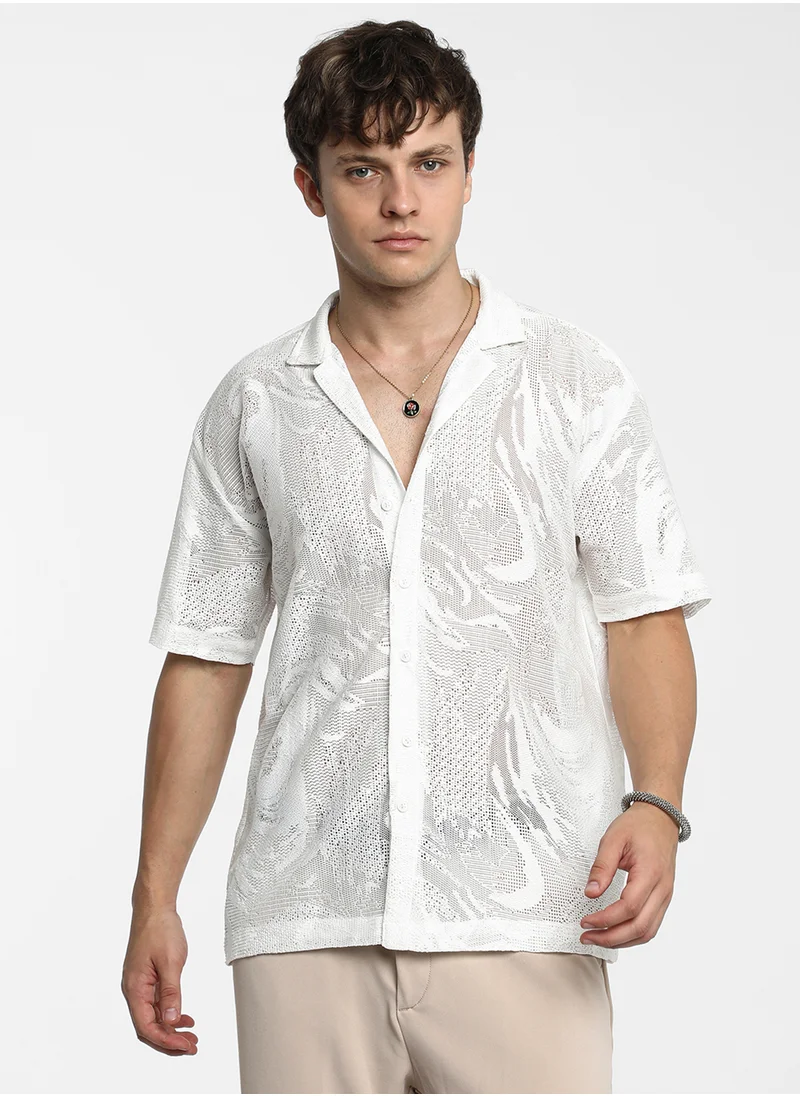 كامبوس سوترا Men's Chalk White Patterned Oversized Shirt