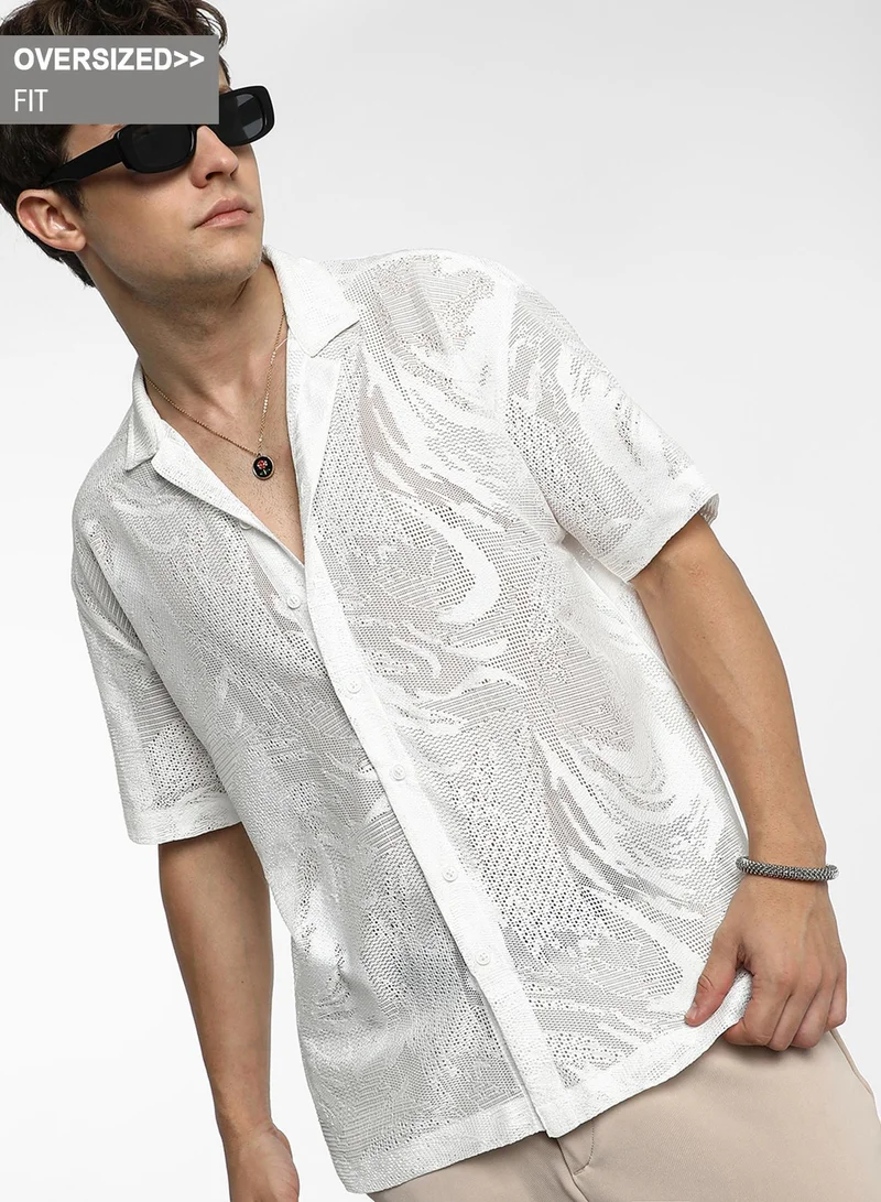 Campus Sutra Men's Chalk White Patterned Oversized Shirt