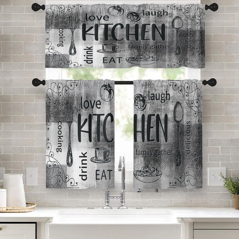 Tayney Farmhouse Chef Kitchen Window Curtains Valance and Tier Set 36 Inch, Modern Doodle Abstract Grey Art Rod Pocket Short Tier Curtain for Bathroom, Funny Cafe Drapes for Kitchen Decor - Image 1