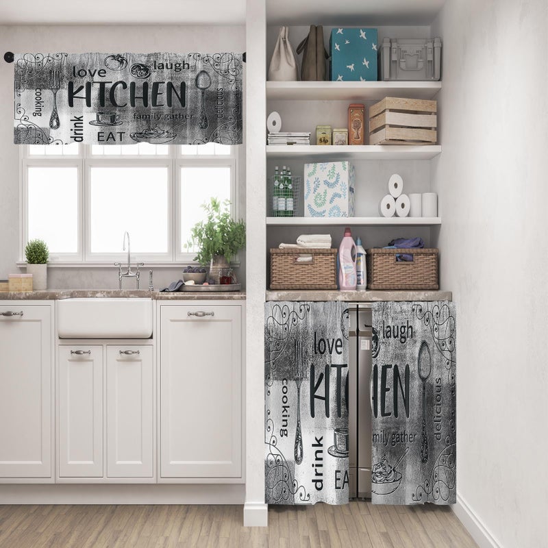 Tayney Farmhouse Chef Kitchen Window Curtains Valance and Tier Set 36 Inch, Modern Doodle Abstract Grey Art Rod Pocket Short Tier Curtain for Bathroom, Funny Cafe Drapes for Kitchen Decor - Image 2