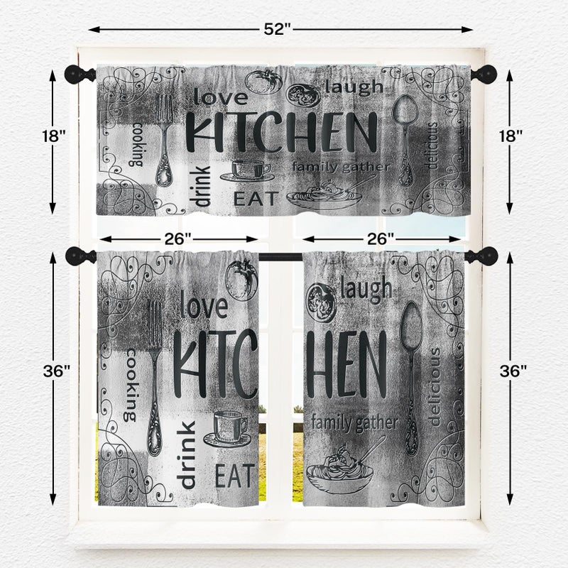 Tayney Farmhouse Chef Kitchen Window Curtains Valance and Tier Set 36 Inch, Modern Doodle Abstract Grey Art Rod Pocket Short Tier Curtain for Bathroom, Funny Cafe Drapes for Kitchen Decor - Image 4