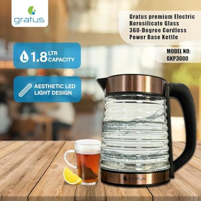 gratus Premium Electric Borosilicate Kettle Aesthetic Led Light Design No Dry Run Cordless Base 1Year Warranty Model Gkp3000 - Image 2