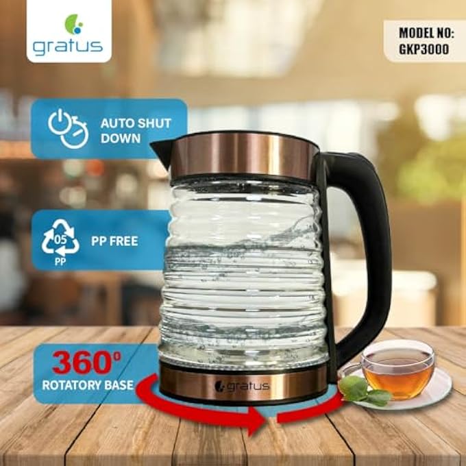 gratus Premium Electric Borosilicate Kettle Aesthetic Led Light Design No Dry Run Cordless Base 1Year Warranty Model Gkp3000 - Image 3