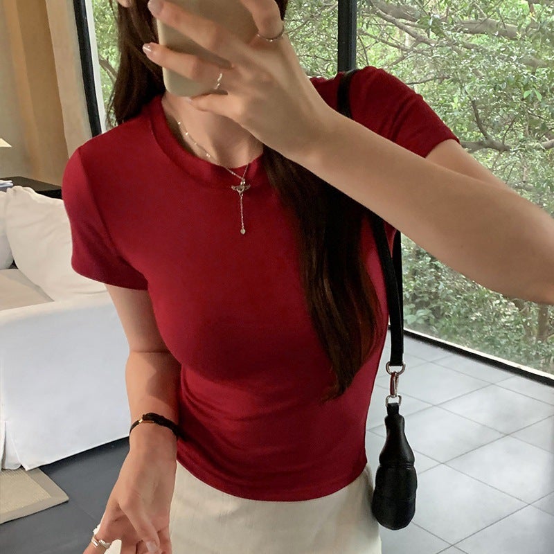 Cool Silk Cotton White Short-Sleeve T-Shirt For Women, 2025 Summer Slim Fit Solid Color Base Shirt With Regular Shoulders And Half Sleeves - Image 5