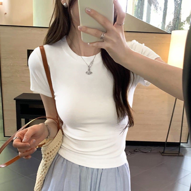 Cool Silk Cotton White Short-Sleeve T-Shirt For Women, 2025 Summer Slim Fit Solid Color Base Shirt With Regular Shoulders And Half Sleeves - Image 3