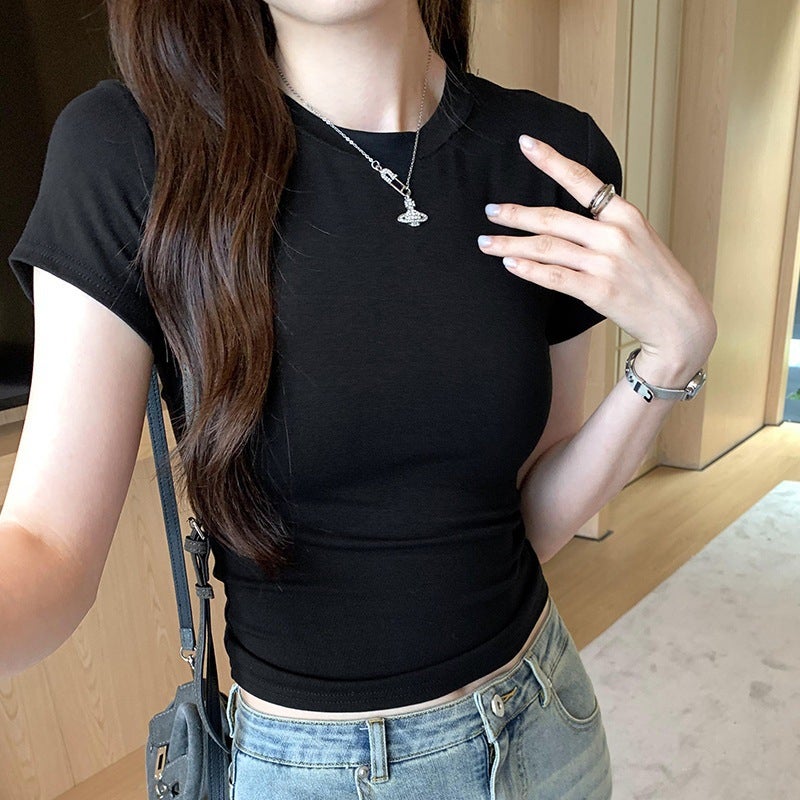 Cool Silk Cotton White Short-Sleeve T-Shirt For Women, 2025 Summer Slim Fit Solid Color Base Shirt With Regular Shoulders And Half Sleeves - Image 2