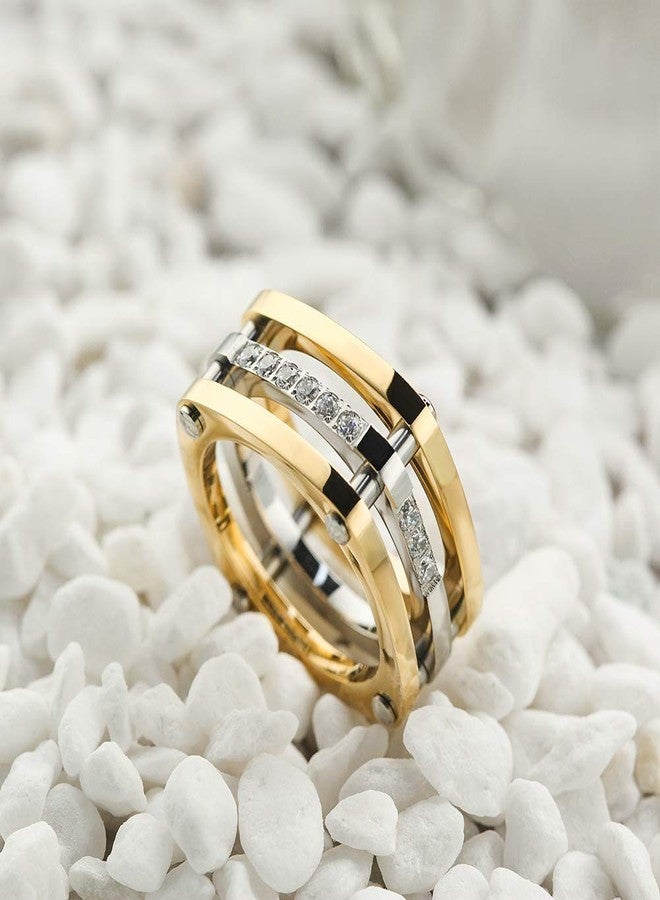 WISTIC 14K Gold Plated Band Bands Statement Rings for Women and Men, Chunky Cubic Zirconia Ring for Women, Two-Tone Gold and Silver, Parallel Pave Design, Enhancer Finger Jewelry (Size 7) - Image 2