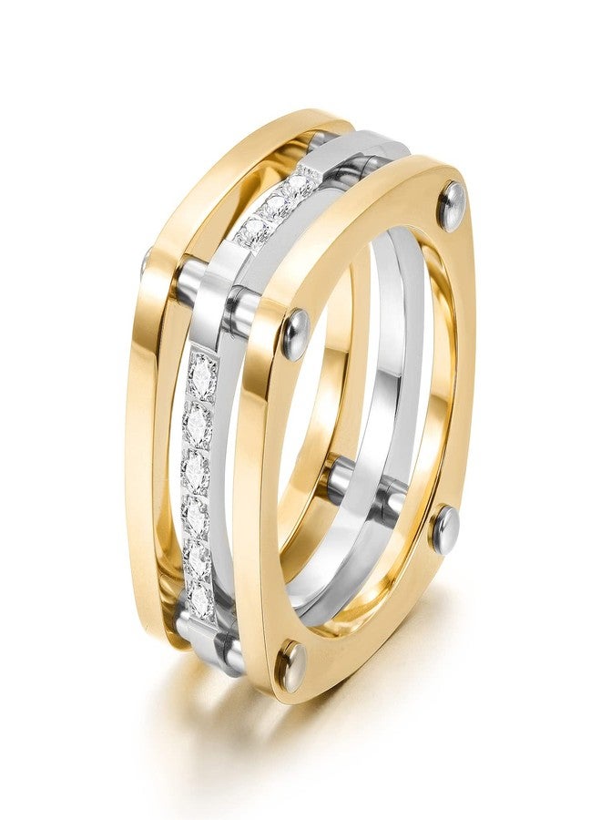 WISTIC 14K Gold Plated Band Bands Statement Rings for Women and Men, Chunky Cubic Zirconia Ring for Women, Two-Tone Gold and Silver, Parallel Pave Design, Enhancer Finger Jewelry (Size 7) - Image 1