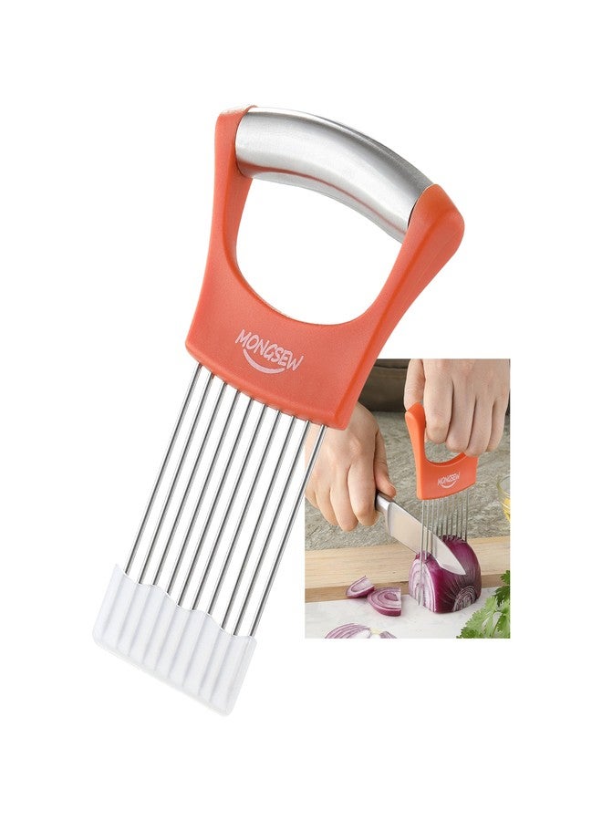 MONGSEW Onion Slicer Holder, MONGSEW Stainless Steel Onion Cutter for Slicing and Storage of Onions, Avocados, Eggs, Dishwasher Safe, Protective Cover Included (Stylish Orange) - Image 1
