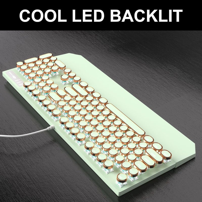 Camiysn Typewriter Style Mechanical Gaming Keyboard, Green Retro Punk Gaming Keyboard with White Backlit, 104 Keys Blue Switch Wired Cute Keyboards, Round Keycaps for Windows/Mac/PC - Image 4