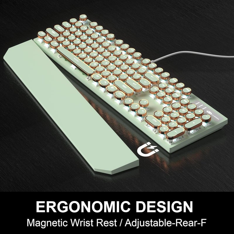 Camiysn Typewriter Style Mechanical Gaming Keyboard, Green Retro Punk Gaming Keyboard with White Backlit, 104 Keys Blue Switch Wired Cute Keyboards, Round Keycaps for Windows/Mac/PC - Image 3