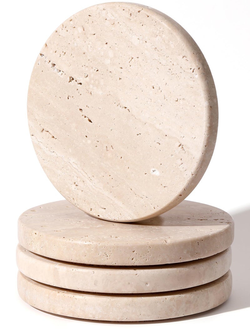CHISELED ST DF SK Beige Travertine Coasters Set of 4,Marble Absorbent Coasters 4 '',Ideal for Housewarming Gifts, Anniversaries, Office Decorations - Protects countertops - Sturdy and Durable, Beautiful and Generous - Image 1