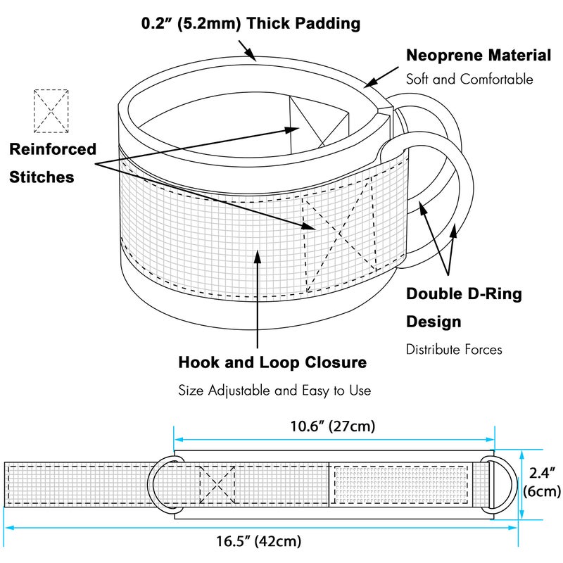 Techion تيكيون زوج من أحزمة الكاحل للياقة البدنية لجهاز الكابل - حلقة د مزدوجة، قابلة للتعديل لراحة مثالية من النيوبرين - للرجال والنساء - أسود - Image 2
