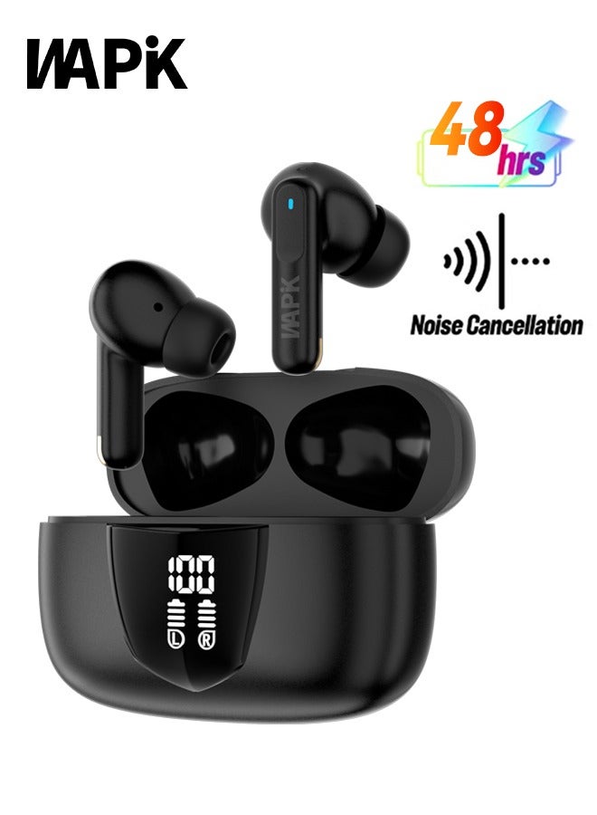WAPIK Korean Brand RS1 Fully In-Ear True Wireless Earbuds & Earphones, Ultra-Light 3.9g, 13mm Dynamic Drivers, 4-Mic AI Clear Calls, ENC Noise Cancellation, 48H Playtime, LED Power Display, Deep Bass, IPX6 Waterproof, Black - Image 1